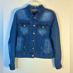 RAW 7 DESIGN Blue Denim Distressed Moto Cropped Jean Jacket Women’s Size Small